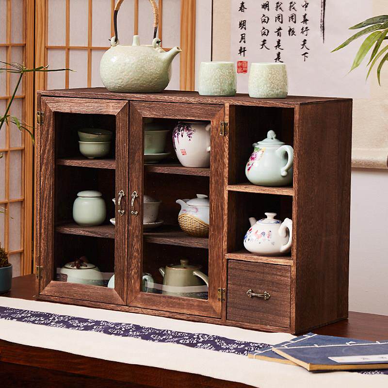实木茶具防尘置物架茶杯收纳柜茶壶桌面化妆品收纳层架博古架展示