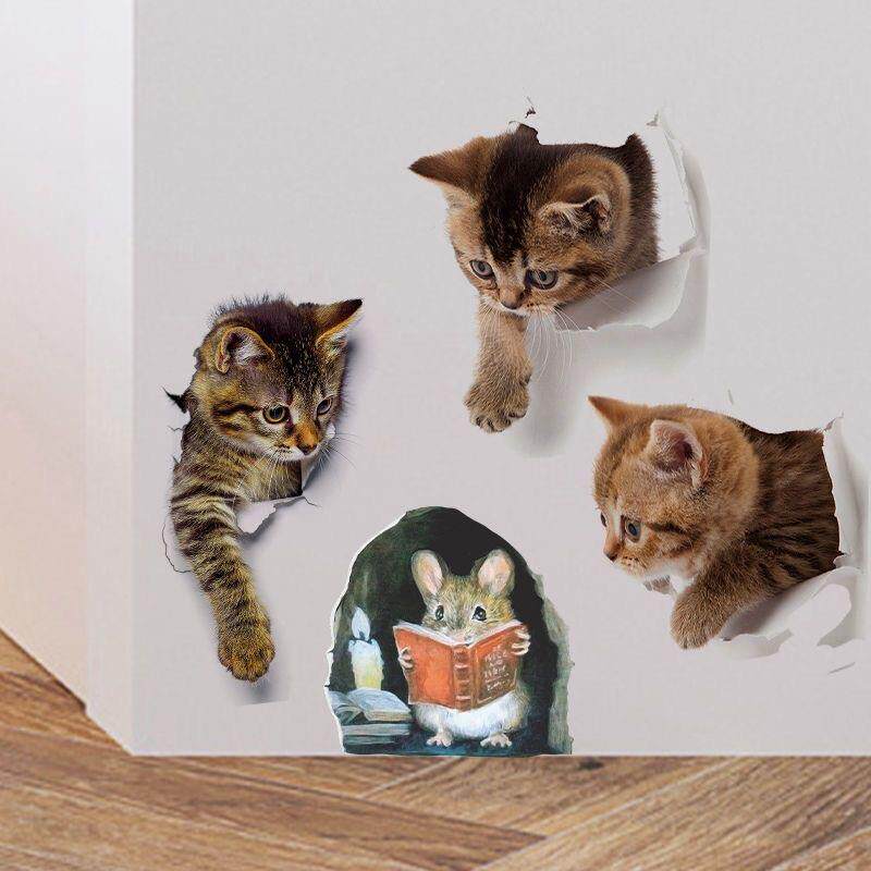 房间墙角贴画视觉3D立体墙贴可爱猫咪老鼠墙壁角落贴纸装饰小图案