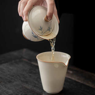 草木灰手绘盖碗釉下彩青花君竹泡茶器家用高档功夫茶具陶瓷茶碗