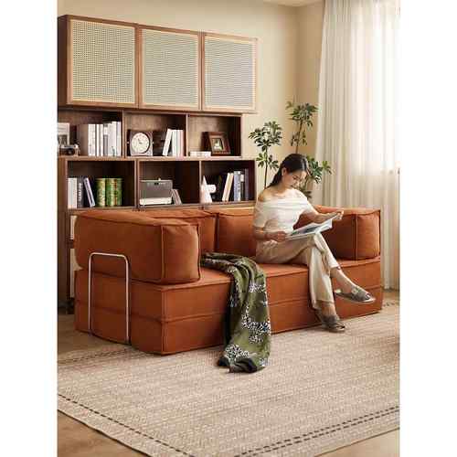 中古风布艺沙发两用小户型客厅双三人直排覆古模块折叠布丁沙发床