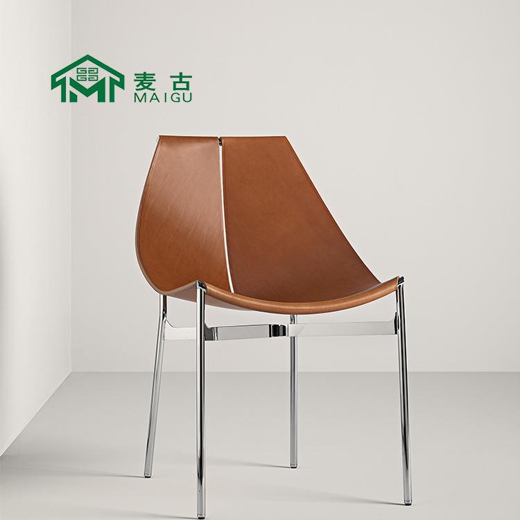麦古 轻奢北欧现代设计师款不锈钢马鞍皮样板房咖啡厅餐椅家具