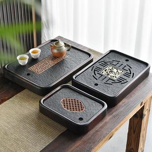 天然乌金石瓷茶盘实木茶盘家用功夫茶具茶台带排水储水单盘茶托