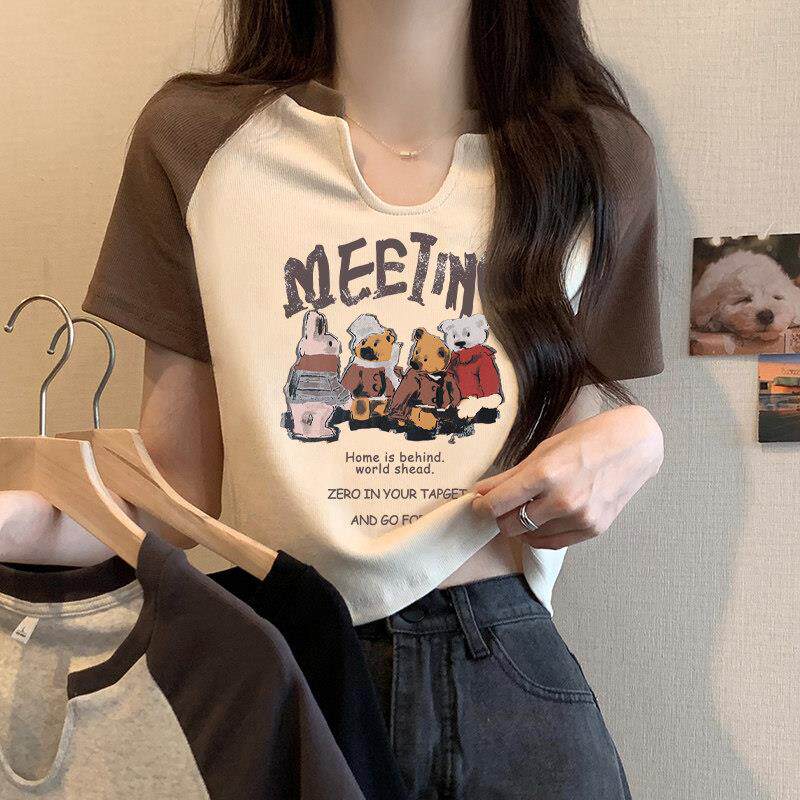 美式复古小熊短袖t恤女韩版设计感2026夏季新款小V领纯棉通勤上衣