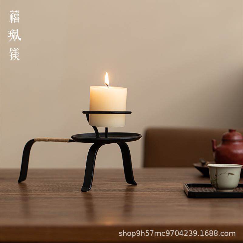 禧珮镁中式复古铁艺烛台诧寂风茶桌老式蜡台摆件手工铸铁油灯香薰