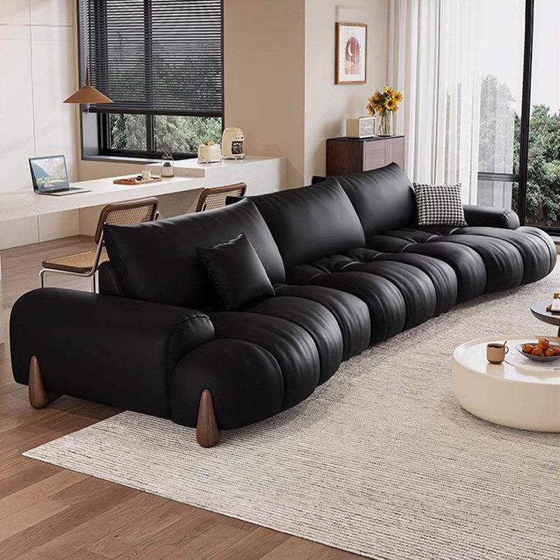 意式真皮沙发法式覆古客厅小户型简约现代泡芙设计师弧形黑色沙发