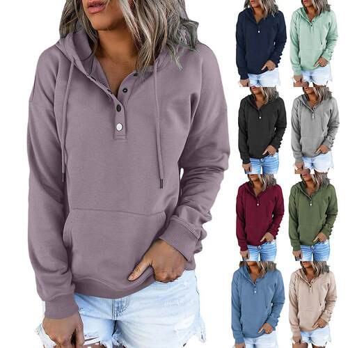 Womens 2026 Hooded Button Collar Drawstring Hoodies Pullover