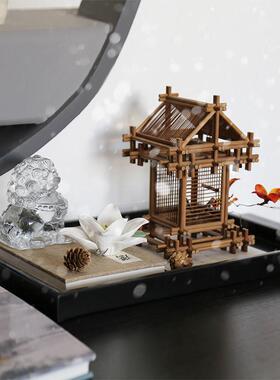 新中式木质建筑琉璃狮子组合摆件书房茶几木雕宋代美学软装饰品