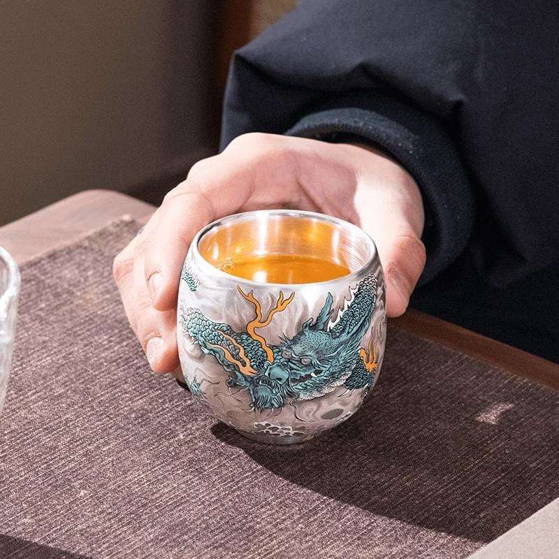 高档鎏银上作画青龙主人杯子中式陶瓷功夫泡茶杯单杯家用养生茶盏图片
