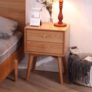 樱桃木原木色卧室床边小柜子二抽柜子置物柜 北欧全实木床头柜日式