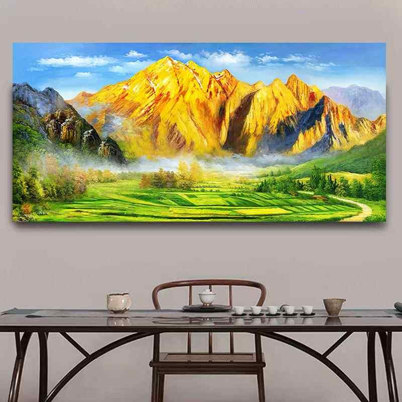 聚宝盆背靠金山人财两旺靠山图自粘画客厅办公桌山水风景画挂轴画