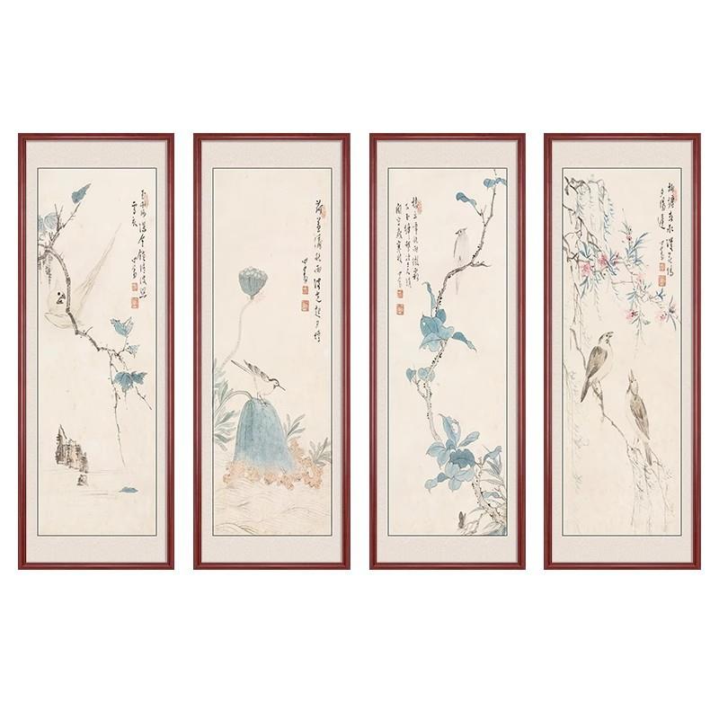 新中式四联画山水画国画沙发背景墙客厅装饰画茶室办公室挂画竖款