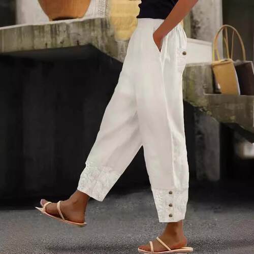 Womens Plain Floral Embroidery High Waist Straight Leg Pants