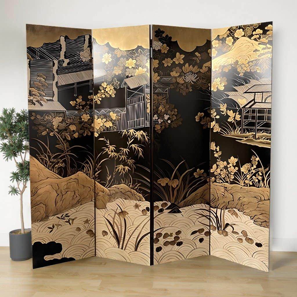 中式手绘漆画屏风覆古描金隔断玄关折屏新中式客厅背景墙折叠屏风