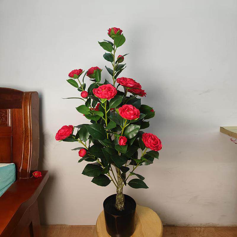 仿真茶花树山茶花人造绿植盆栽家居装饰落地 摆件室内轻奢仿真花