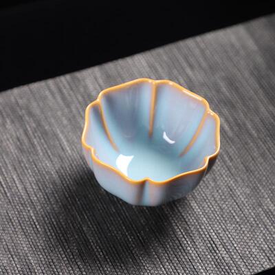 德化陶瓷【单茶杯满100ml亮光】精工汝窑 古韵秋霞 六方杯 中容量