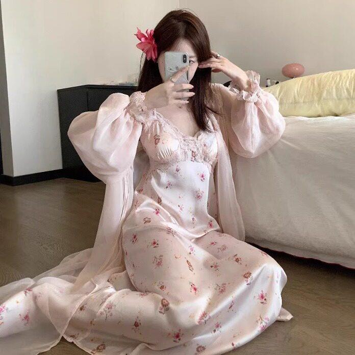 夏季少女纯欲风冰丝蕾丝睡衣长款睡裙睡袍2025新款夏带胸垫连衣裙