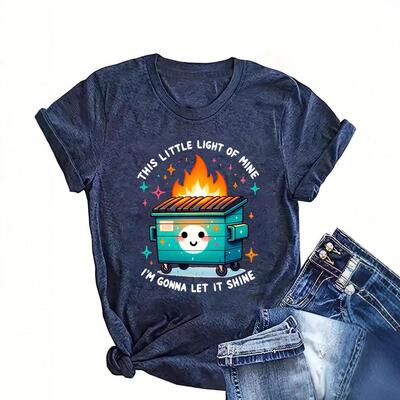 Women Letter Print Round Neck Tee Casual Sleeve Crew Fitted