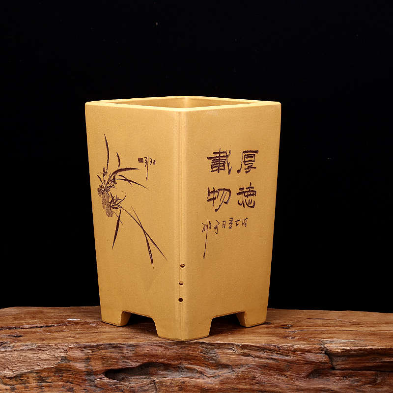 紫砂兰花盆段泥方形桌面高档盆景盆四方签筒文竹蝴蝶兰君子兰包邮