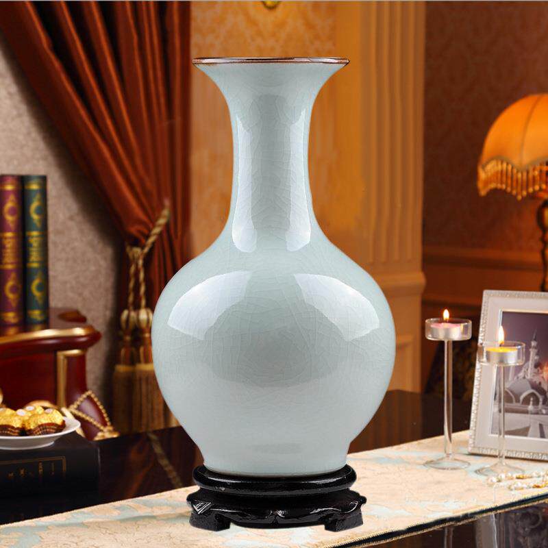 青釉花瓶 古典现代家饰客厅摆件景德镇瓷器高档仿古官窑开片