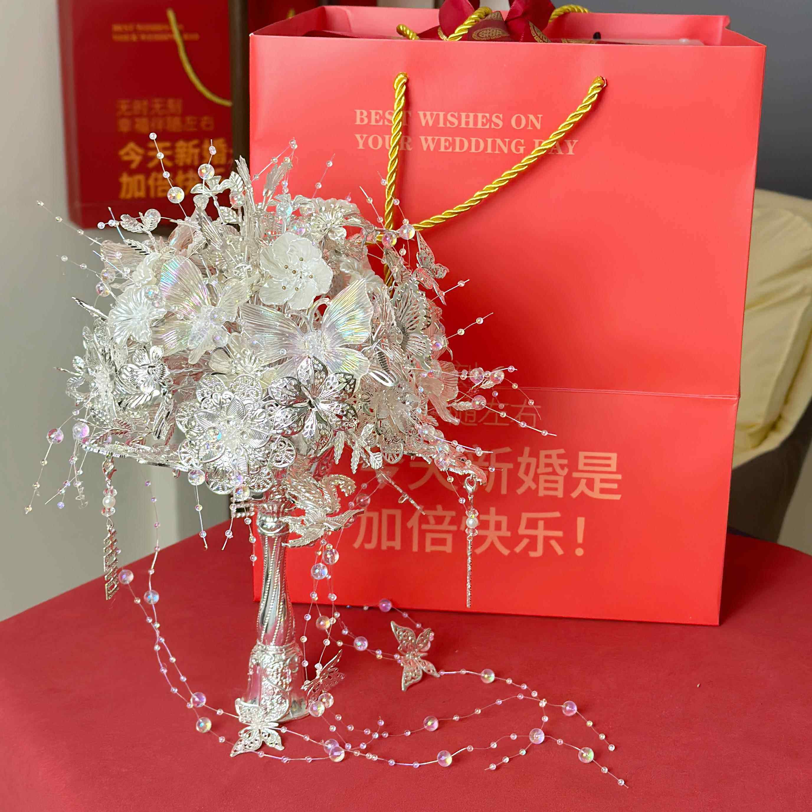 新银色手捧花手工新娘结婚diy礼物婚礼权杖婚纱高级材料成品闺蜜