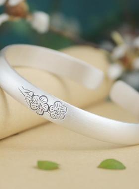 高档银镯女梅纯花999足简银复古实心开口民手族风哑光约年轻款送