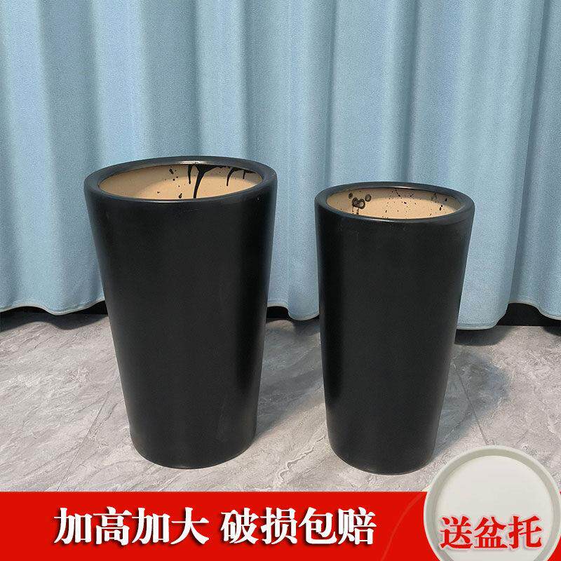 纯黑色圆形陶瓷花盆简约圆形陶瓷特大号花盆厂家直销大花盆微瑕