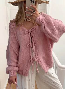 Women'S Tie Front Bow Cardigan Sweaters Chunky Knit Long