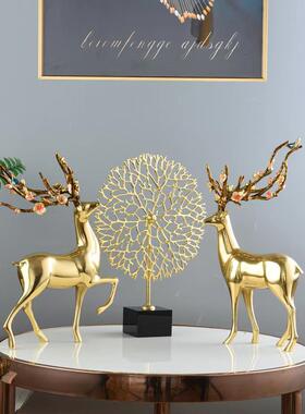 创意黄铜梅花鹿招财摆件现代简约玄关酒柜电视柜家居装饰开业礼品