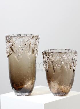 简约现代创意花瓣口碎冰底棕色琉璃花瓶样板间售楼处玄关客厅装饰