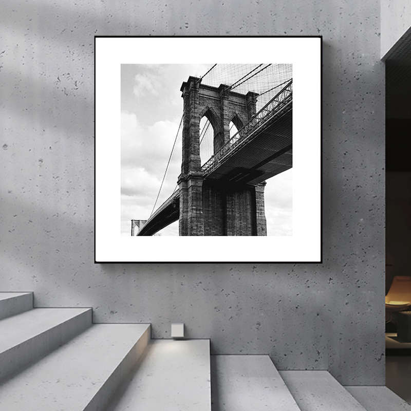 工业风黑白摄影照片装饰画现代桥梁斜拉悬索桥建筑挂画组合正方形图片