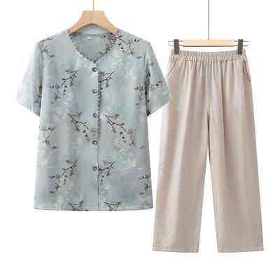 中老年人夏装女开衫装套装妈妈短袖衬衫60岁70奶奶夏季衬衣两件套