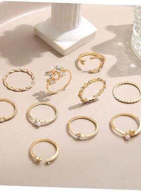 10 Piece Set Star Moon ring diamond heart pearl leaf 戒指女
