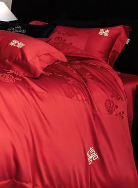 简0约红色10s长绒棉四件套纯嫁棉被套全床单结婚陪CGL50-Mj婚庆棉
