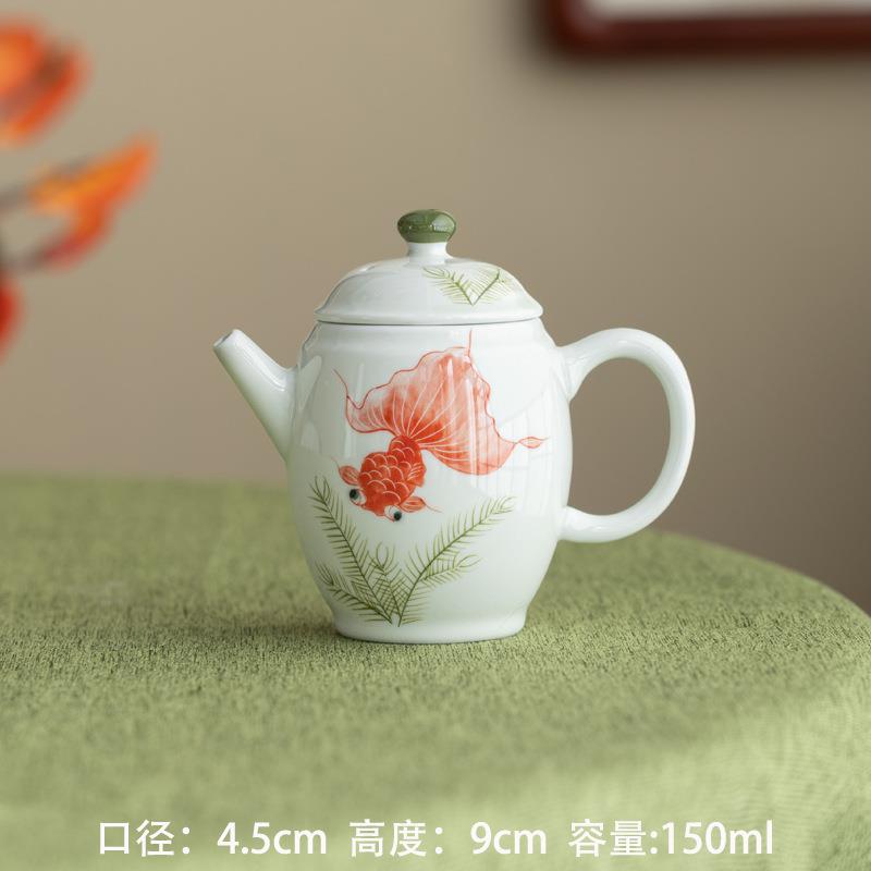 甜白手绘鱼戏藻茶壶釉下彩手作锦鲤金鱼梨形壶小直壶茶具