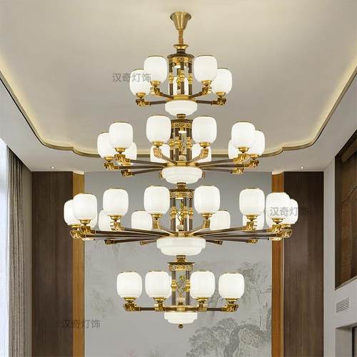 复式楼客厅大吊灯新中式中空别墅挑高挑空楼中楼大厅楼梯长吊灯