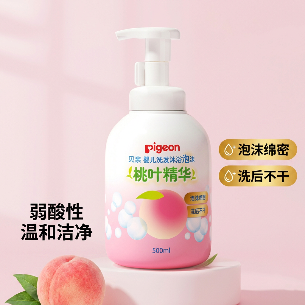 Pigeon贝亲婴儿洗发沐浴泡沫桃叶精华宝宝新生儿洗护二合一500ml