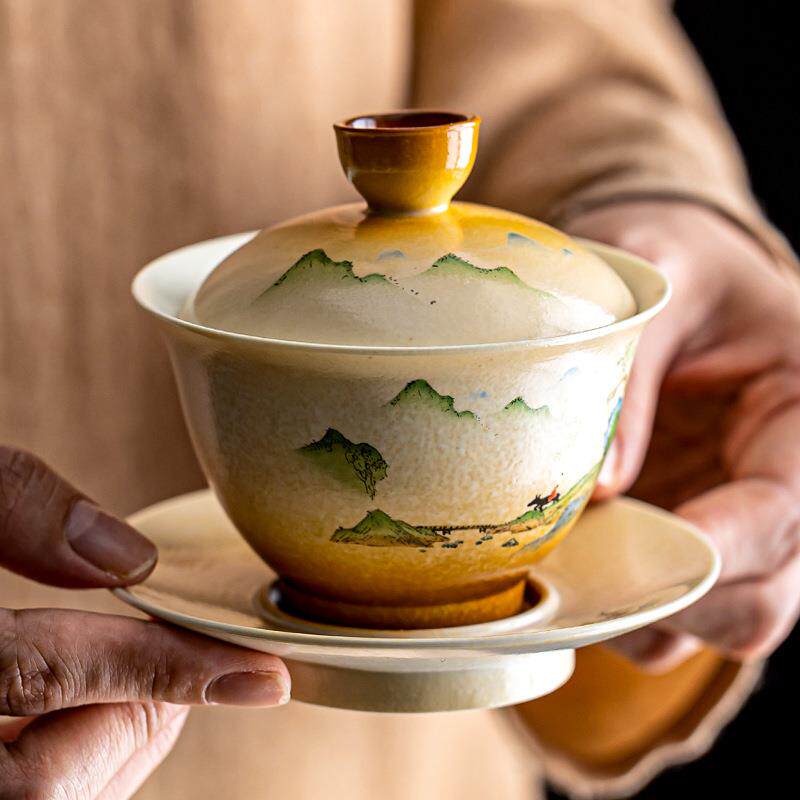 草木灰功夫三才盖碗泡杯茶碗家用陶瓷单个中国风山水画敬茶碗防烫