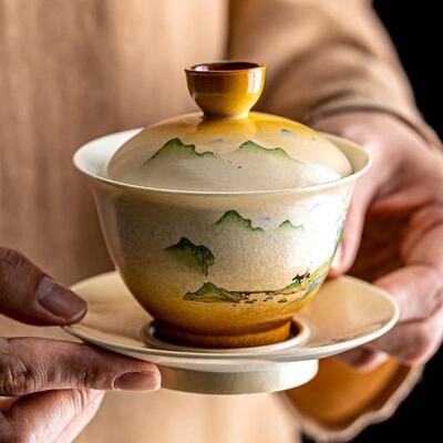 草木灰功夫三才盖碗泡杯茶碗家用陶瓷单个中国风山水画敬茶碗防烫