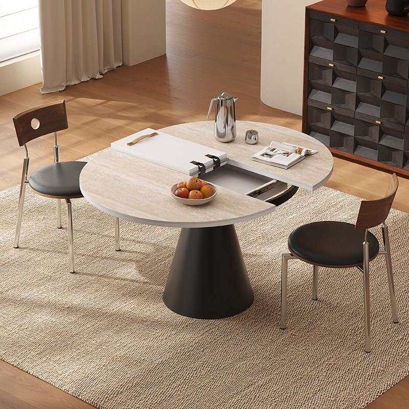 墨研户洞石岩拉板伸缩圆形餐桌变变可椭圆形伸桌子小墨研餐桌型现