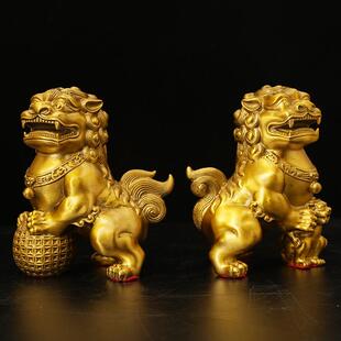 ZAU铜狮子关滚绣球 仿古铜器 门狮一对家居铜办公立玄装饰工艺品