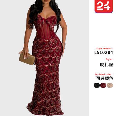Glitter party long dress with suspender, hip hugging