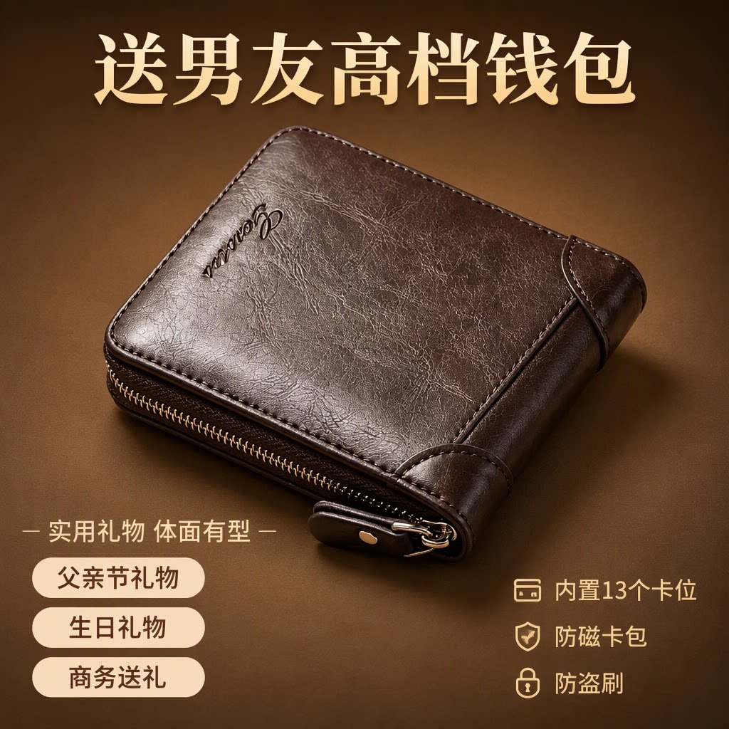 商务男士短款钱包拉链款送男友礼物多卡位软皮零钱夹防磁卡包
