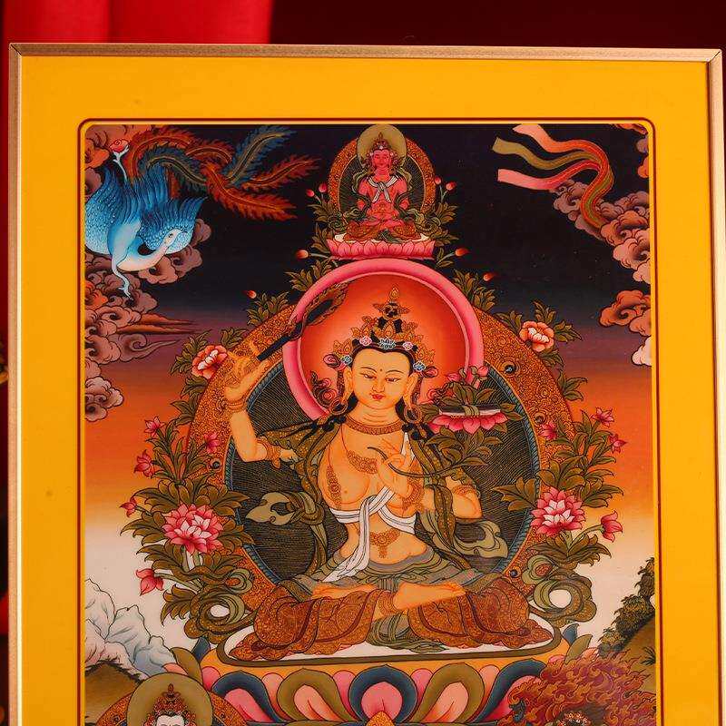 藏式文殊菩萨铂金实木烤漆相框摆件挂画装饰画家用十相自在唐卡图