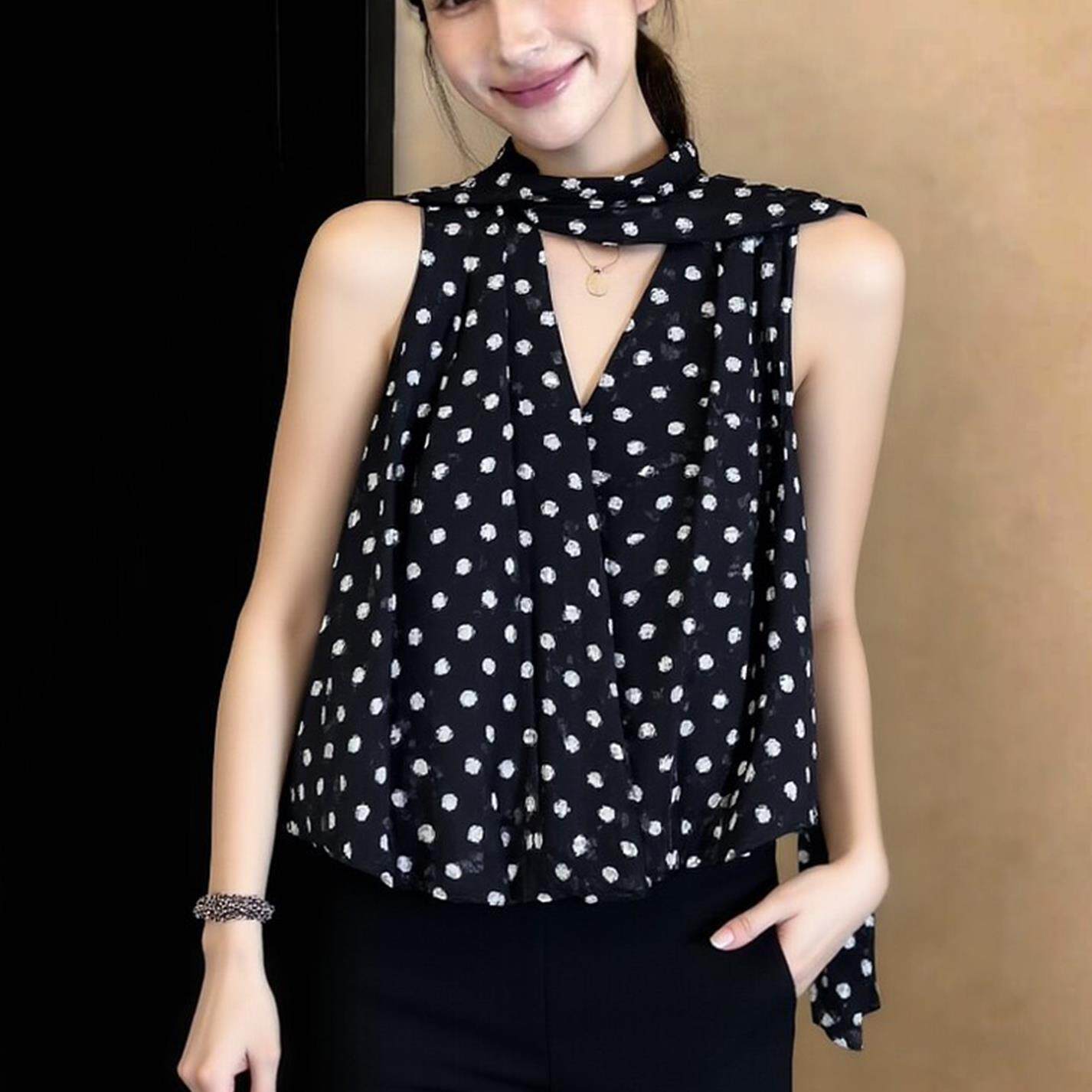 潮牌优雅时髦气质撞色波点小衫时尚高级感无袖通勤背心减龄女上衣