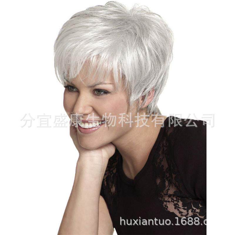 新款直销外贸欧美女士中老年假发纯白色短直发蓬松逼真化纤短发妈