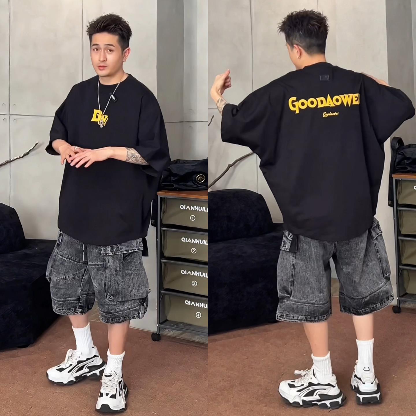 夏季新款复古男士潮流高品质水洗弯刀牛仔短裤时尚个性痞帅六分裤