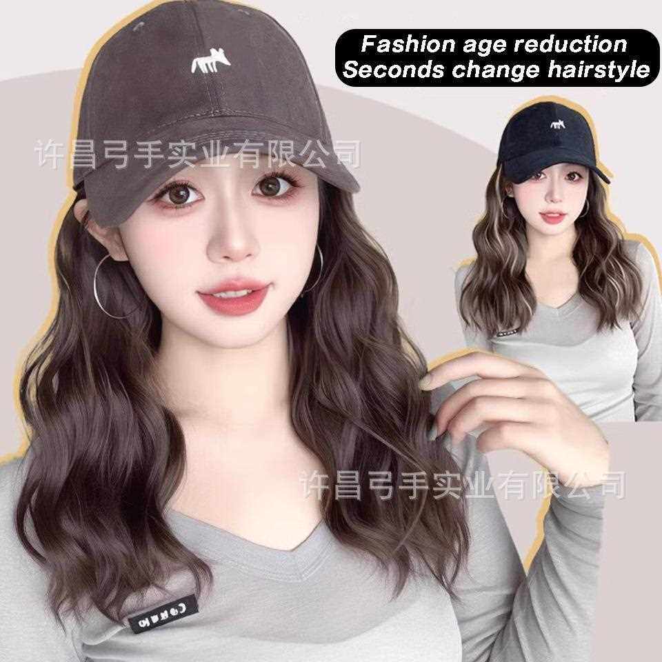 新款直销假发帽子一体女新款时尚网红小狐狸棒球帽子蛋蛋卷发女全