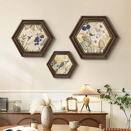 美式餐厅饭厅装饰画入户玄关挂画欧式客厅背景墙画六边形花鸟壁画