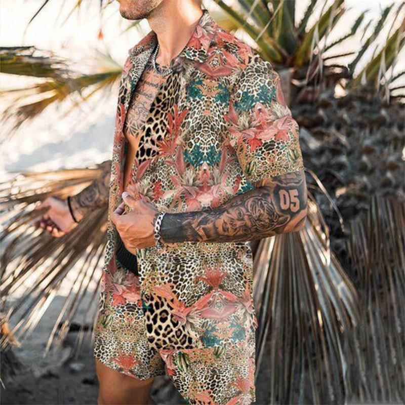 Breathable printed shirt short sleeved set透气印花衬衫套装男