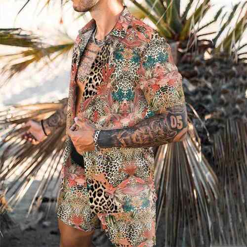 Breathable printed shirt short sleeved set透气印花衬衫套装男